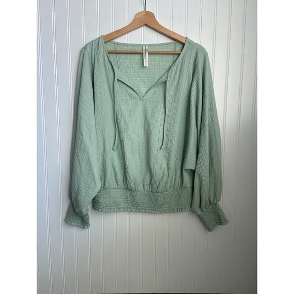 Anthropologie Rebecca Long Sleeve Smocked Waist Peasant Top Mint Green Size M - Picture 1 of 6